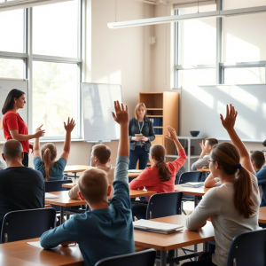 sala de clases alumnos con la mano alzada
