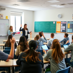 sala de clases alumnos con la mano alzada