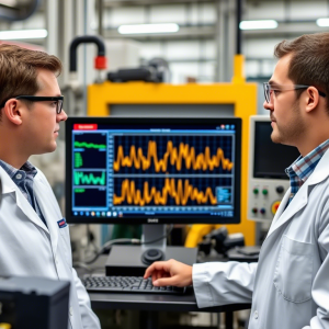 dos trabajadores mirando unos resultados en el pc