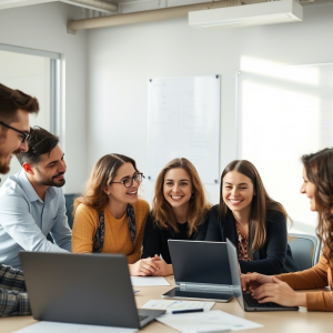 4 personas trabajando en sus computadores en una mesa