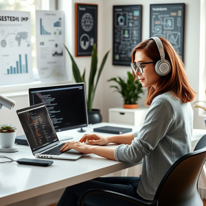 mujer en computador trabajando 