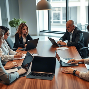 4 personas trabajando en sus computadores en una mesa