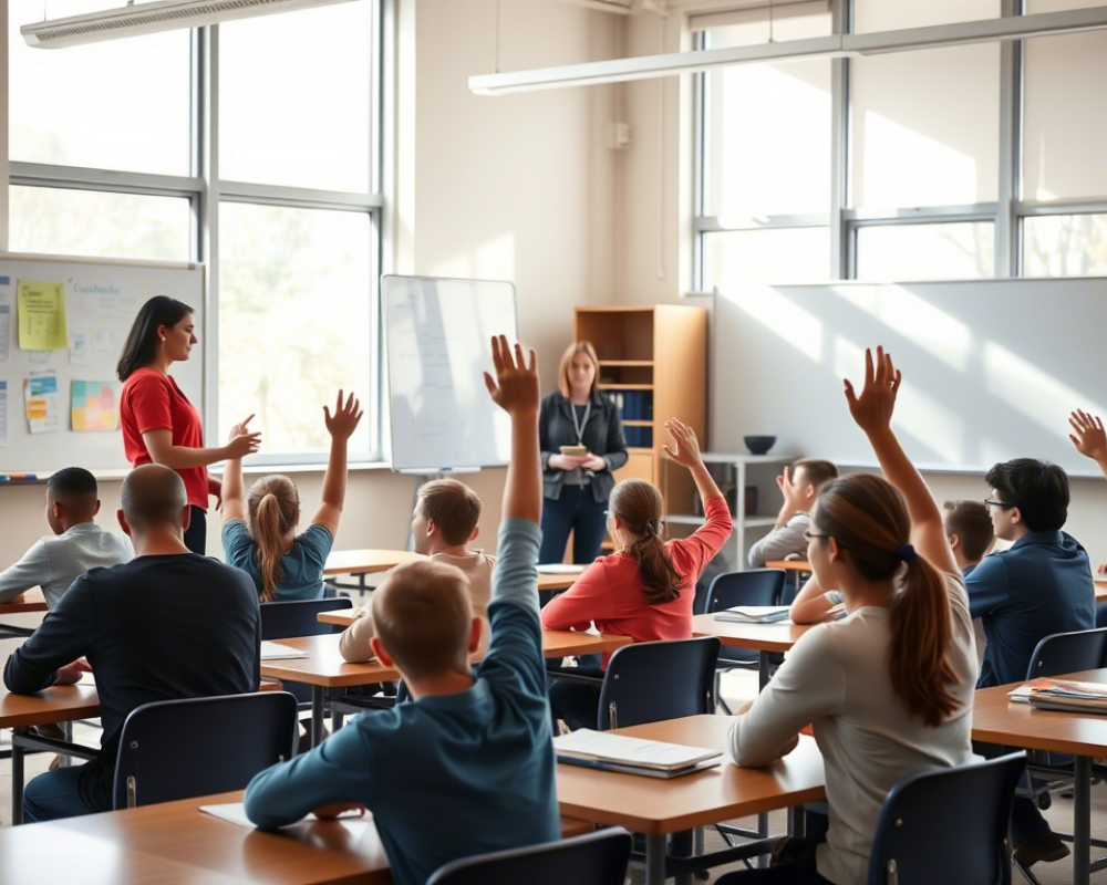 sala de clases alumnos con la mano alzada