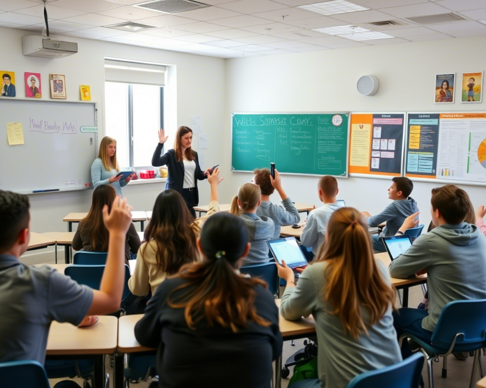 sala de clases alumnos con la mano alzada