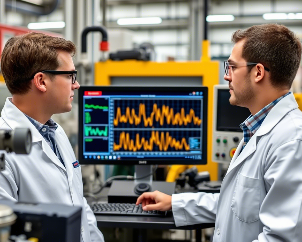dos trabajadores mirando unos resultados en el pc