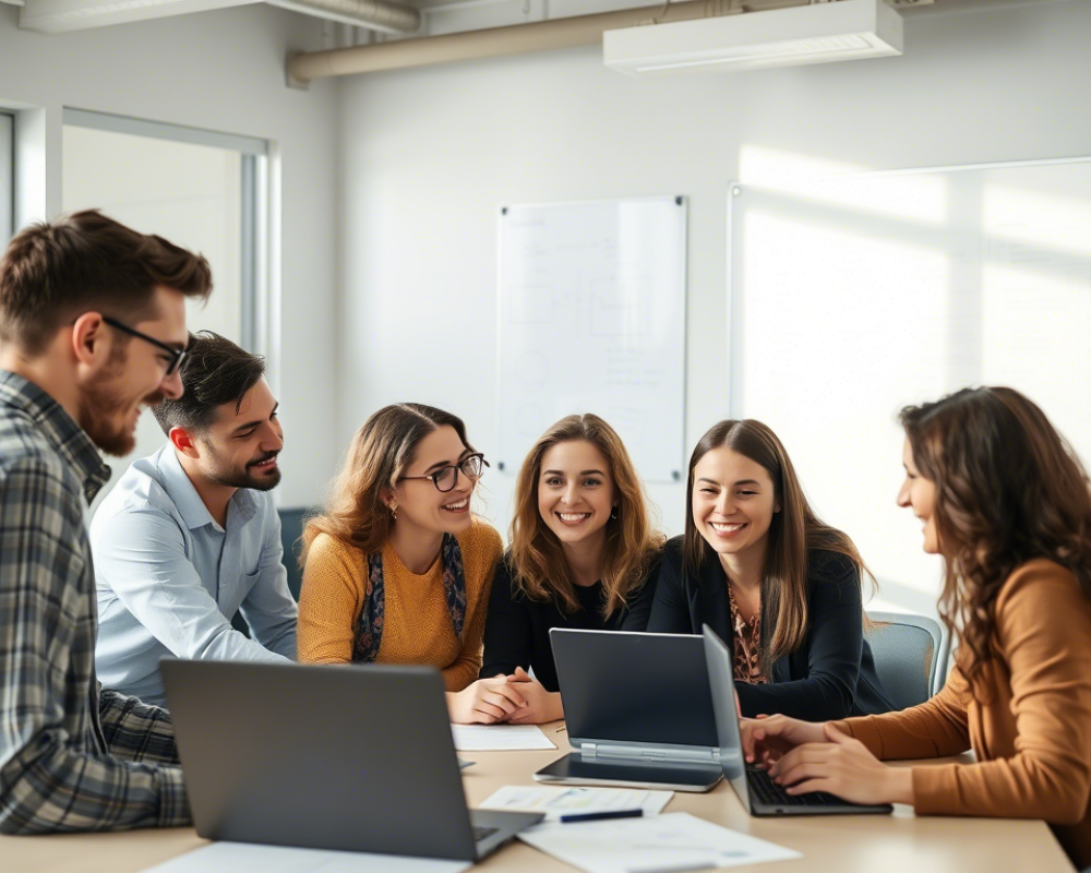 4 personas trabajando en sus computadores en una mesa