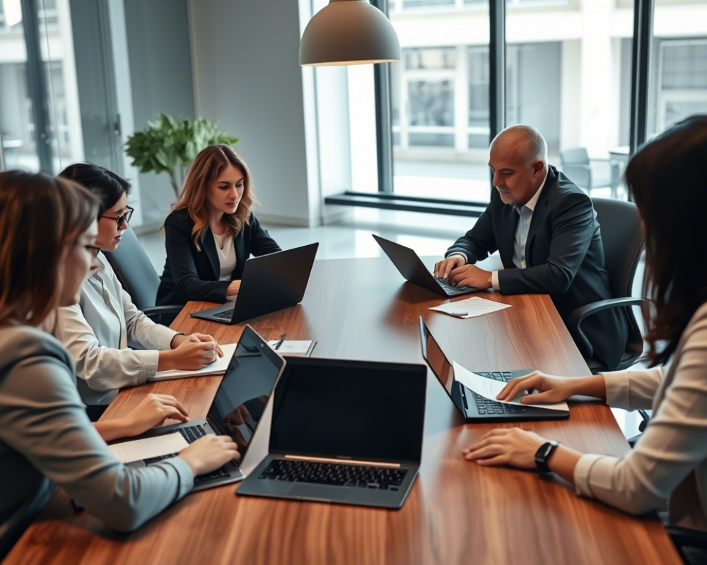 4 personas trabajando en sus computadores en una mesa